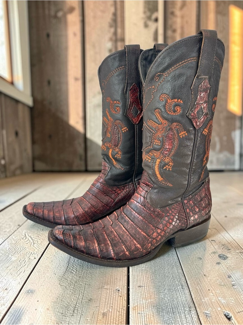 Cuadra Men’s Genuine Caiman Fuscus Cowboy Boots Burgundy Brown US8